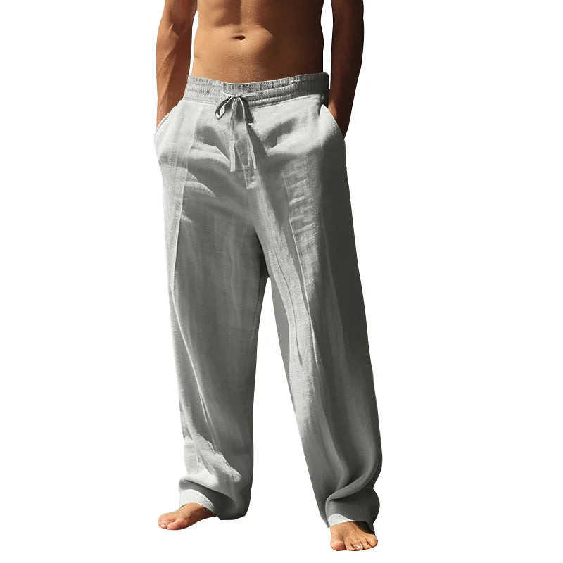 Men's Summer Drawstring Waist Wide Leg Loose Cotton Linen Yoga Pants Beach Casual Trousers with Pockets Casual Lightweight Pants - Ellianto fashion Men's