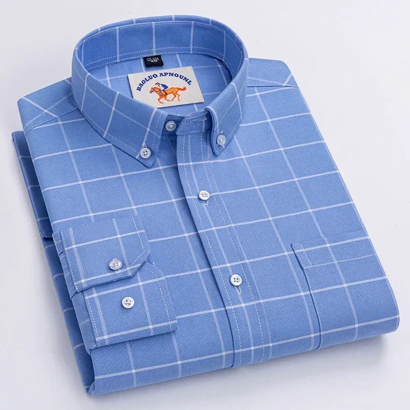 Casual Pure Cotton Oxford Mens Shirts Long Sleeve Embroidery Horse Design Regular Fit Fashion Button Man White Dress Shirt - Ellianto fashion Men's