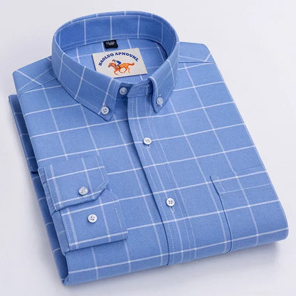 Casual Pure Cotton Oxford Mens Shirts Long Sleeve Embroidery Horse Design Regular Fit Fashion Button Man White Dress Shirt - Ellianto fashion Men's