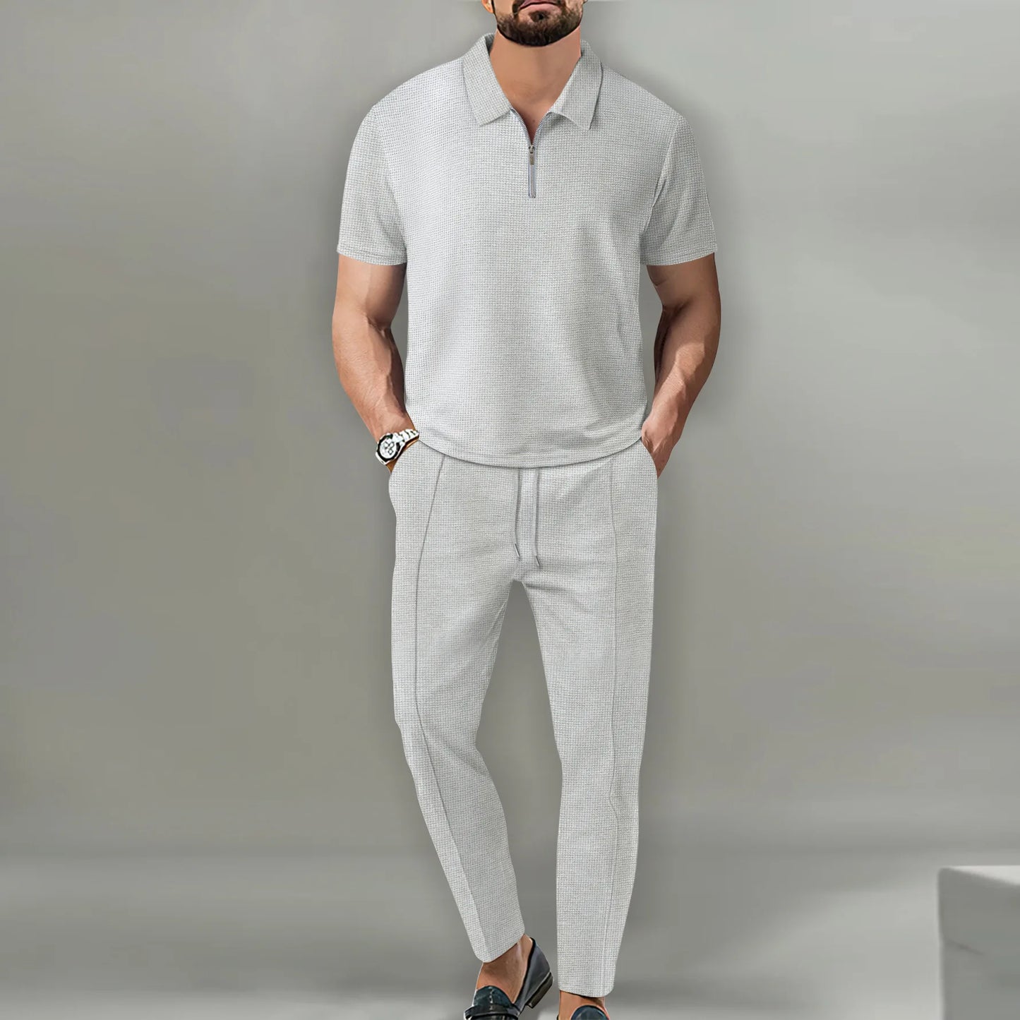 2025 New Men's POLO Shirt 2 Sets Casual Fashion Commercial Breathable Lapel, Pants pull rope Solid Color Men 2 sets - Ellianto fashion Men's
