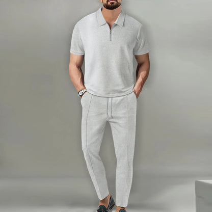 2025 New Men's POLO Shirt 2 Sets Casual Fashion Commercial Breathable Lapel, Pants pull rope Solid Color Men 2 sets - Ellianto fashion Men's