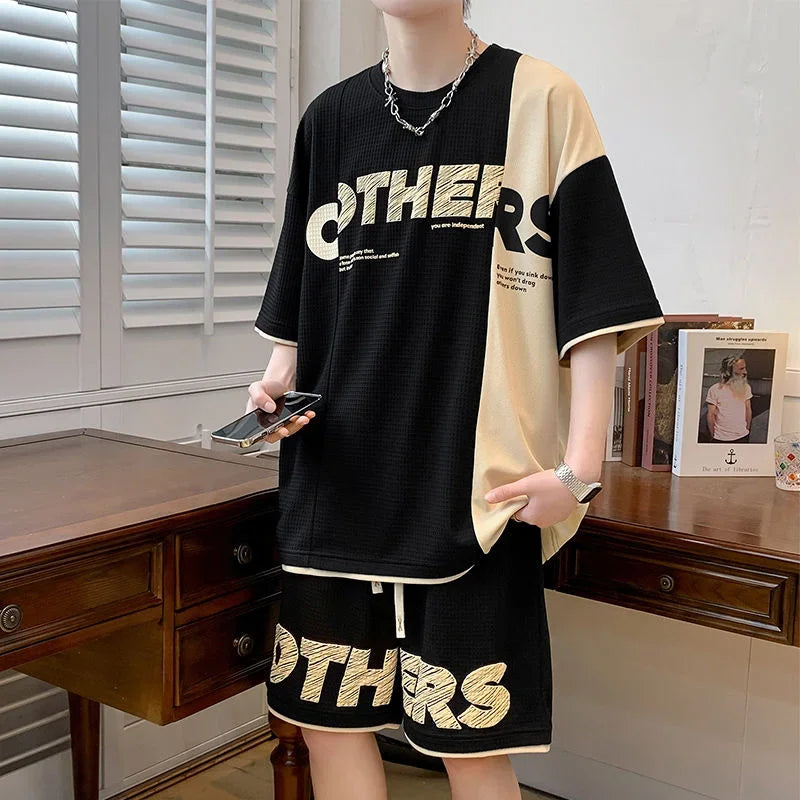 Clothes for Men Alphabet Top Jogging Sports Suits Brown Male T Shirt Sweatpants Shorts Sets Sweatshirt Tracksuit Stylish Loose S - Ellianto fashion Men's