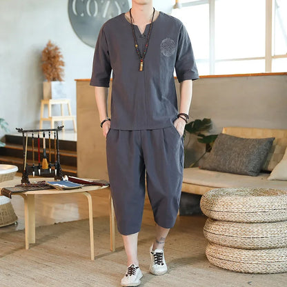 Men's Loose-fit Casual Pants Set Chinese Style Cotton Linen Short Sleeve Shirt Seven-point Shorts Two-piece Suit - Ellianto fashion Men's