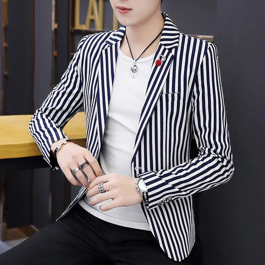 Mens Blazer Jacket 2025 New Suit Male Casual Korean Style Trendy Slim Striped Student Small Suit Jacket Hair Stylist Single Top - Ellianto fashion Men's