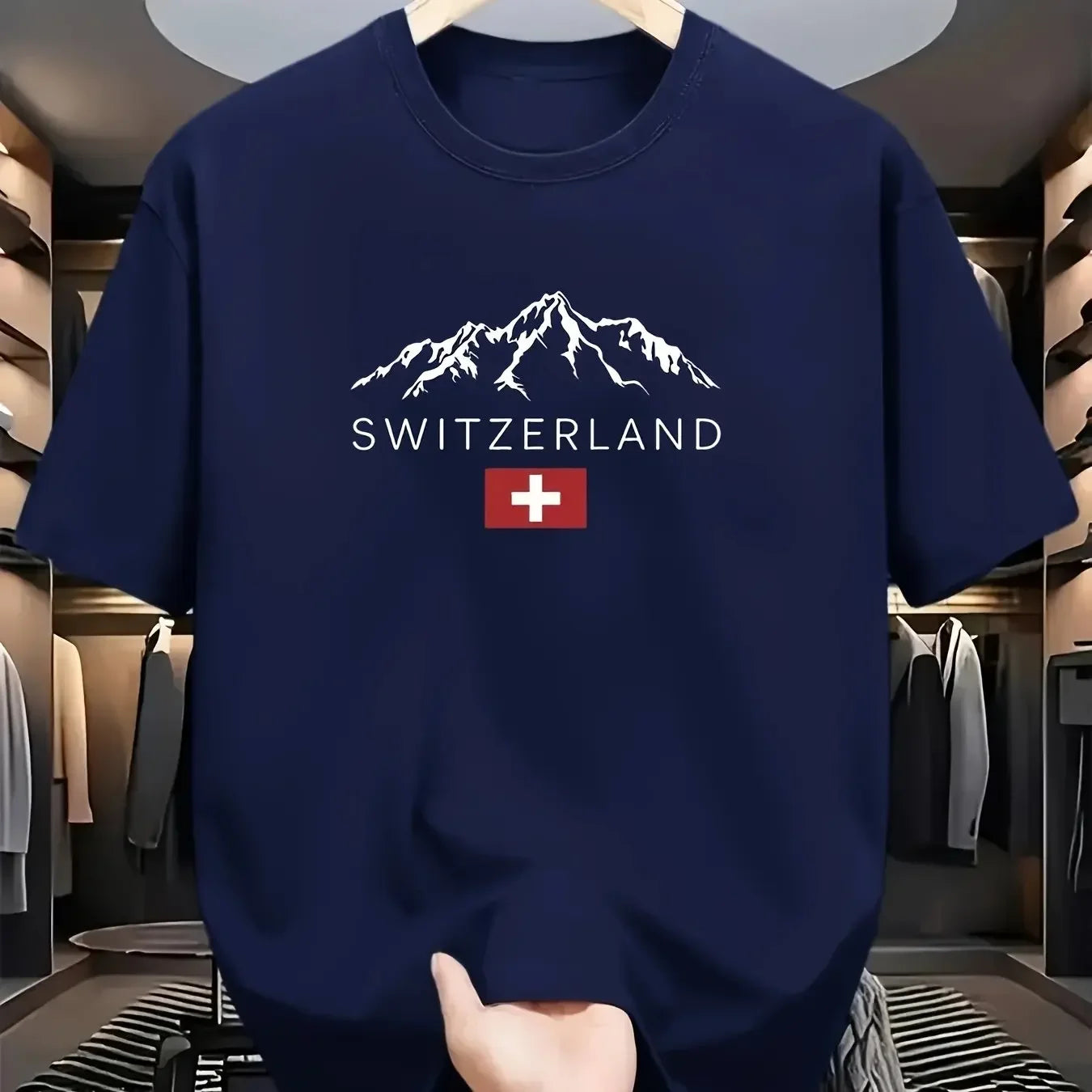 2025 New European Men's Summer 100% Pure Cotton Fashionable Casual Sporty Swiss mountain Pattern Printed round-neck short-sleeve - Ellianto fashion Men's