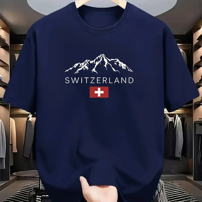 2025 New European Men's Summer 100% Pure Cotton Fashionable Casual Sporty Swiss mountain Pattern Printed round-neck short-sleeve - Ellianto fashion Men's