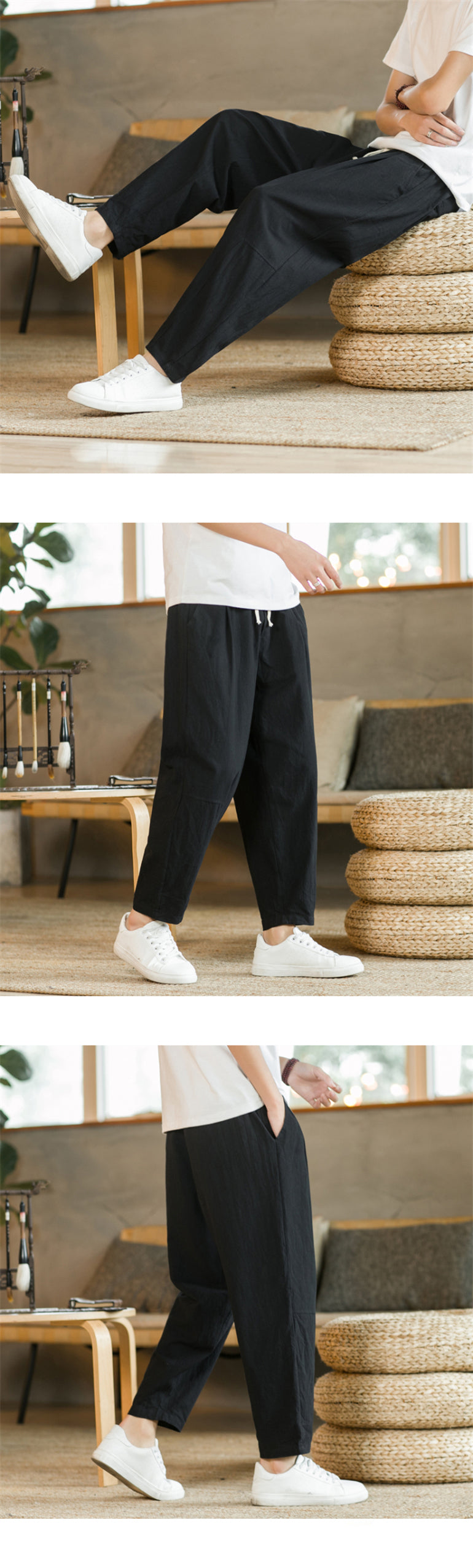 Men's Trousers Cotton Linen Fashion Casual Pants Solid Color Breathable Loose Shorts Straight Drawstring Pants Streetwear Men - Ellianto fashion Men's
