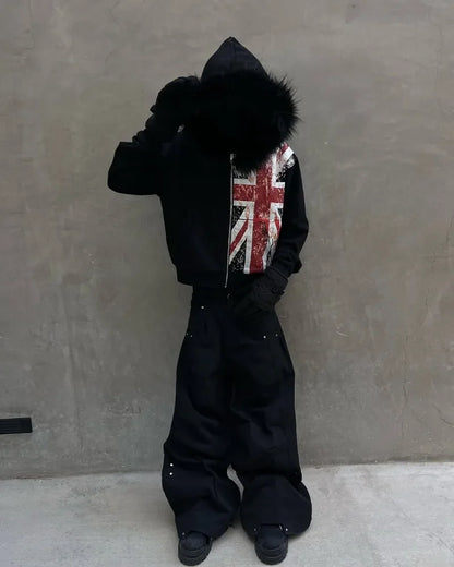 American Retro Fur Collar Flag Printing Oversize Zipper Hoodie Men's and Women's Y2K New Harajuku Hip Hop Goth Casual Sweatshirt