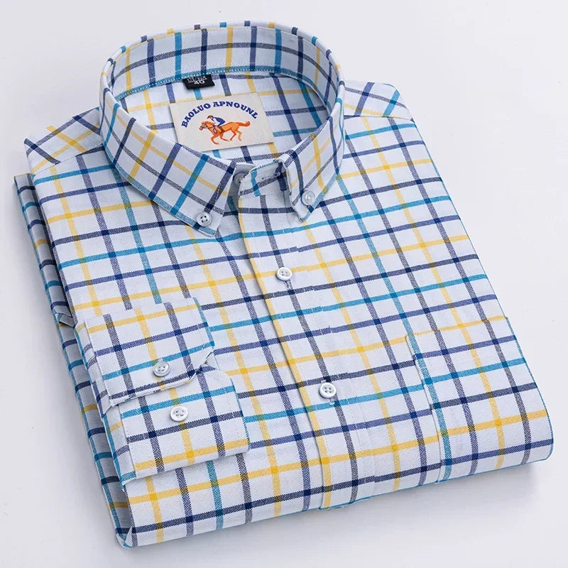 Casual Pure Cotton Oxford Mens Shirts Long Sleeve Embroidery Horse Design Regular Fit Fashion Button Man White Dress Shirt - Ellianto fashion Men's
