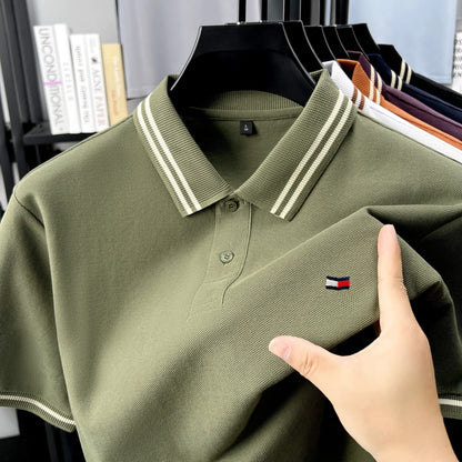 100% pure cotton summer men original embroidered short sleeved fashionable striped lapel shirt polo shirt breathable T-shirt top - Ellianto fashion Men's