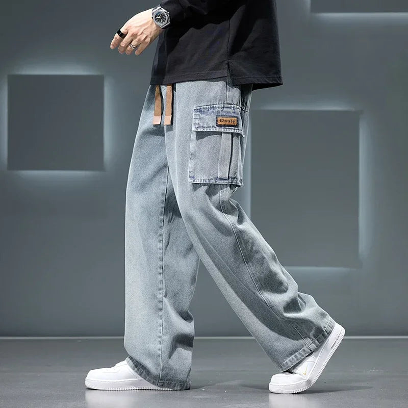 8XL Jeans New Wide Leg Washing Pants Men Trousers Neutral Solid Color Loose Casual Korean Fashion Pocket Plus Size Cargo Pant - Ellianto fashion Men's