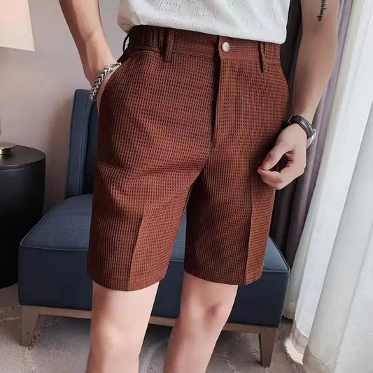 Summer Men Waffle Thin Coffee Suit Shorts Streetwear Fashion Male Clothes Korean Casual Pocket Straight 5 Points Ice Short Pants - Ellianto fashion Men's