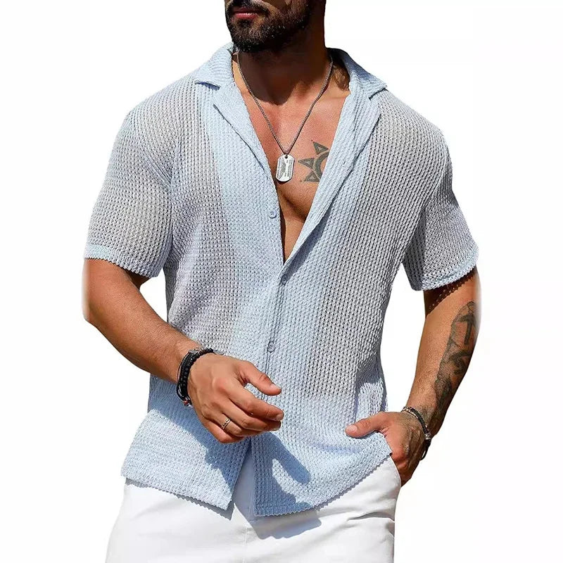 Sexy Hollow Out Breathable Knitted Shirt Men Summer Beach See Through Casual Shirts Mens Short Sleeve Button Solid Color Shirts - Ellianto fashion Men's