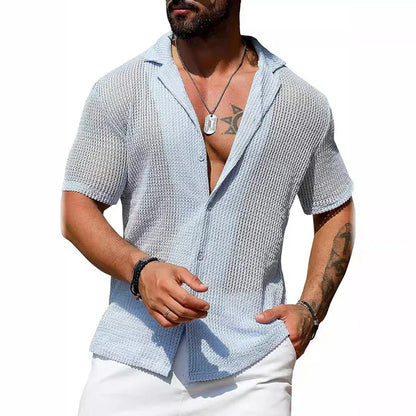 Sexy Hollow Out Breathable Knitted Shirt Men Summer Beach See Through Casual Shirts Mens Short Sleeve Button Solid Color Shirts - Ellianto fashion Men's