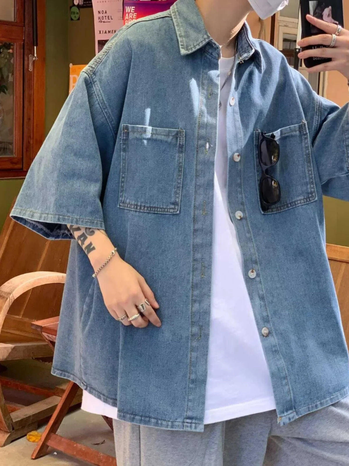 Loose Fit Men's Denim irt ort Sve Five-Quarter Sve Youth Trend Summer Casual Pure Color Workwear Sle Outerwear - Ellianto fashion Men's