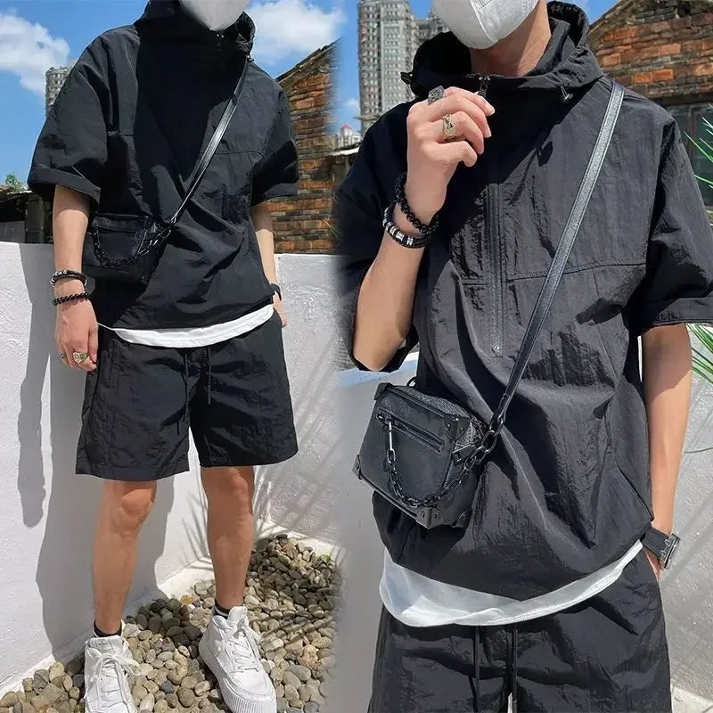 Summer Cargo Style Set Men's Casual Hooded Solid Short Sleeve T-shirt Shorts Loose Fashion High Quality Handsome Sweatshirt Suit - Ellianto fashion Men's