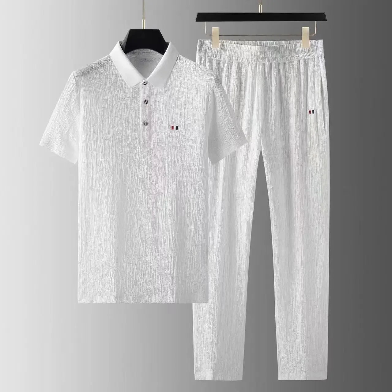 Summer Men's Casual Thin Collar Two-Piece Suit Full Set Fashionable Lightweight Breathable Comfortable Male Clothing Ensemble - Ellianto fashion Men's