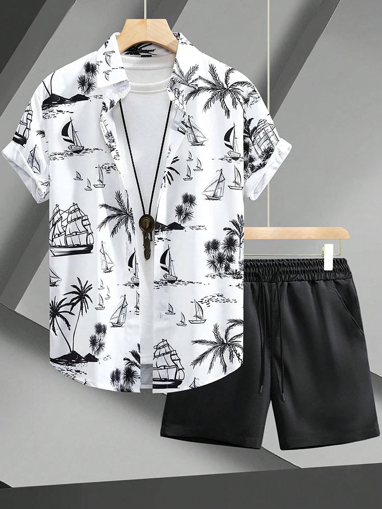 Set Hawaiian Coconut Tree Print Men's Shirt Summer Short Sleeve Tops Beach Shorts 2 Piece Sets Casual Vacation Style Outfit Clothing - Ellianto fashion Men's