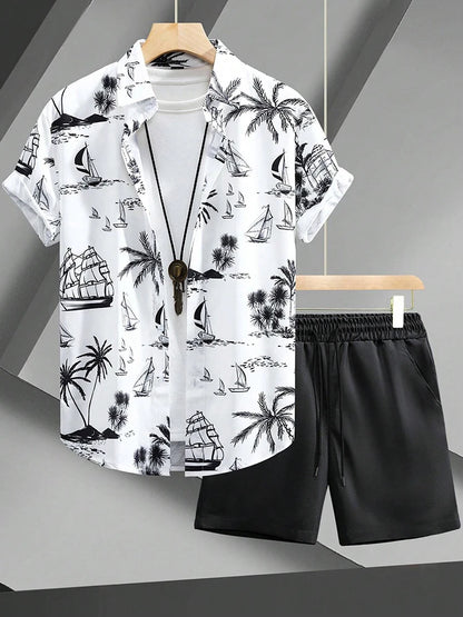 Set Hawaiian Coconut Tree Print Men's Shirt Summer Short Sleeve Tops Beach Shorts 2 Piece Sets Casual Vacation Style Outfit Clothing - Ellianto fashion Men's