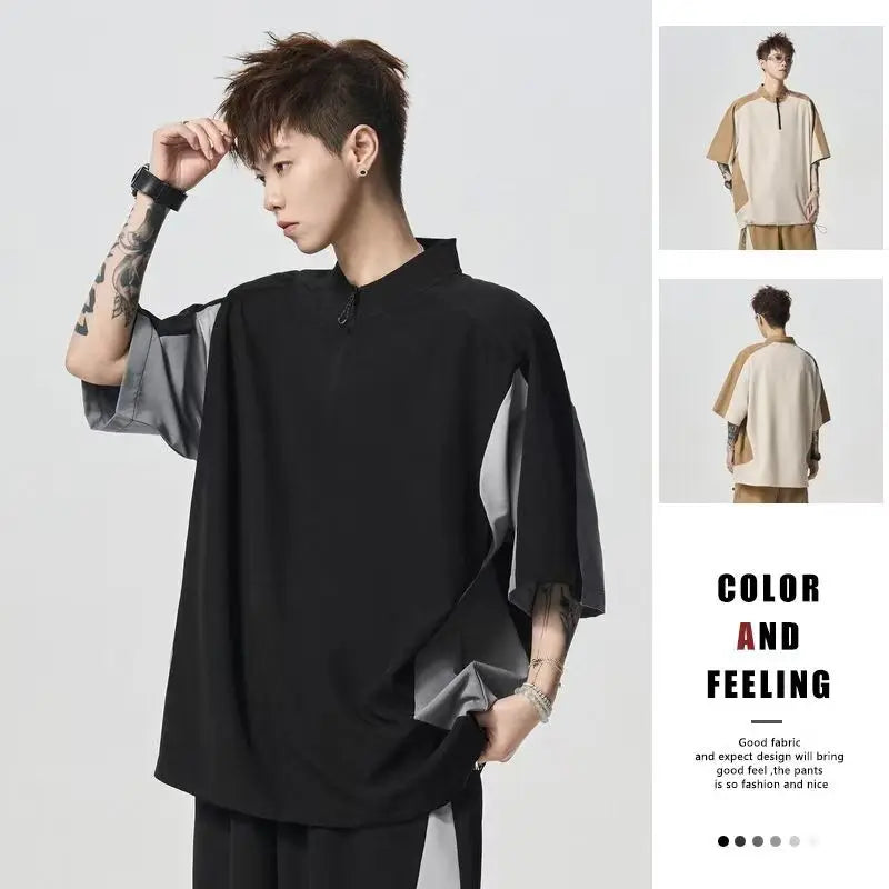 2025 New Men's Black Gray Color Blocked T-shirt Mountain Style Quick Drying Training Suit Fashionable Zipper Collar Sports Top - Ellianto fashion Men's