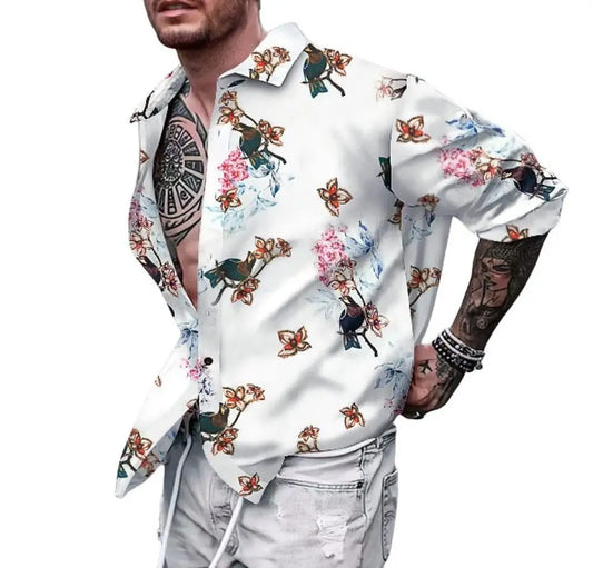 Men’s 3D Floral Print Long-Sleeve Shirt – Effortless Style and Lightweight Comfort for Parties, Beach Holidays, and Everyday Elegance