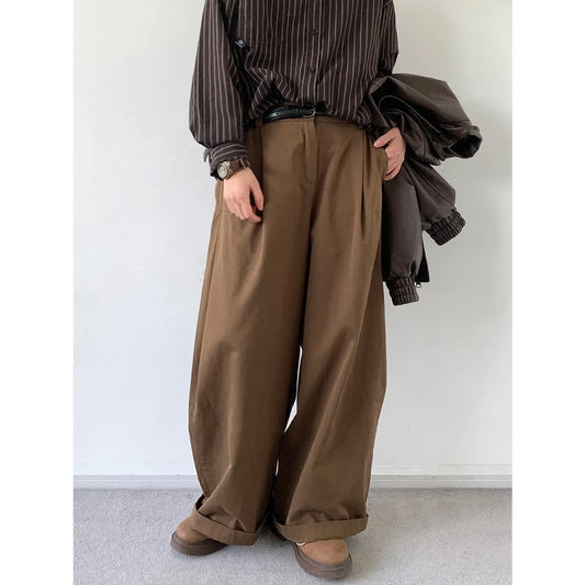 Japanese Vintage Basic Workwear Trousers For Men Women Spring Autumn Loose-fit Wide-leg Casual Pants Ins Boyfriend Style - Ellianto fashion Men's