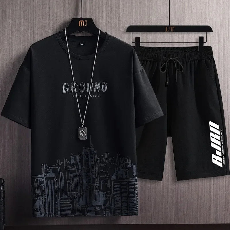 Men’s Ice Silk Gradient Set – Lightweight Short-Sleeve Tee & Casual Shorts for Summer Comfort and Sporty Style