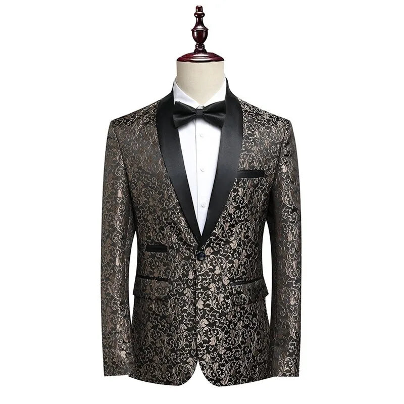 Blazer Men's Fashion Gentleman Business Korean-style Slim-fitting Printed Dress Performance Banquet Host Casual Wedding Blazer - Ellianto fashion Men's