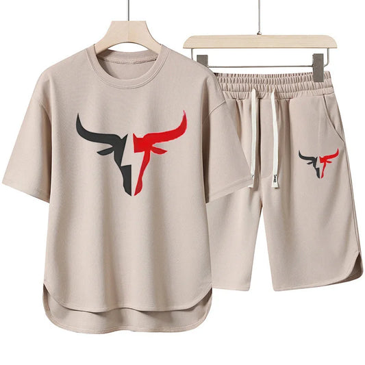 Set 2025 New European and American men's Summer Casual cotton and linen European size short-sleeved shirt + jogging sports shorts 2- - Ellianto fashion Men's