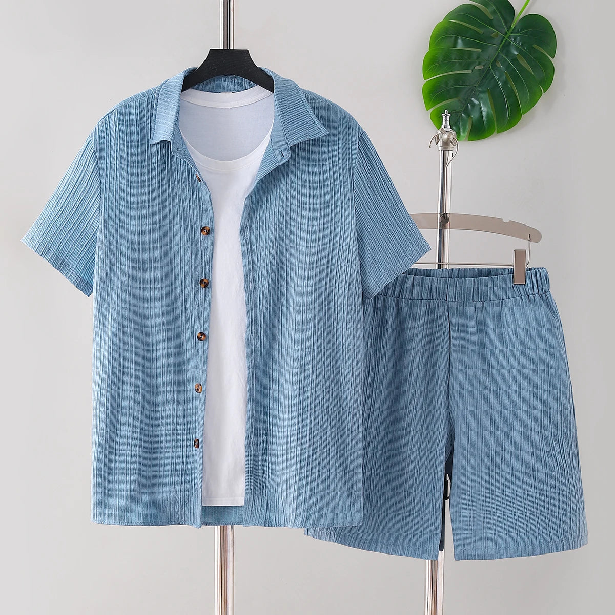 New adult summer open chest button short sleeved+loose shorts casual outfit - Ellianto fashion Men's