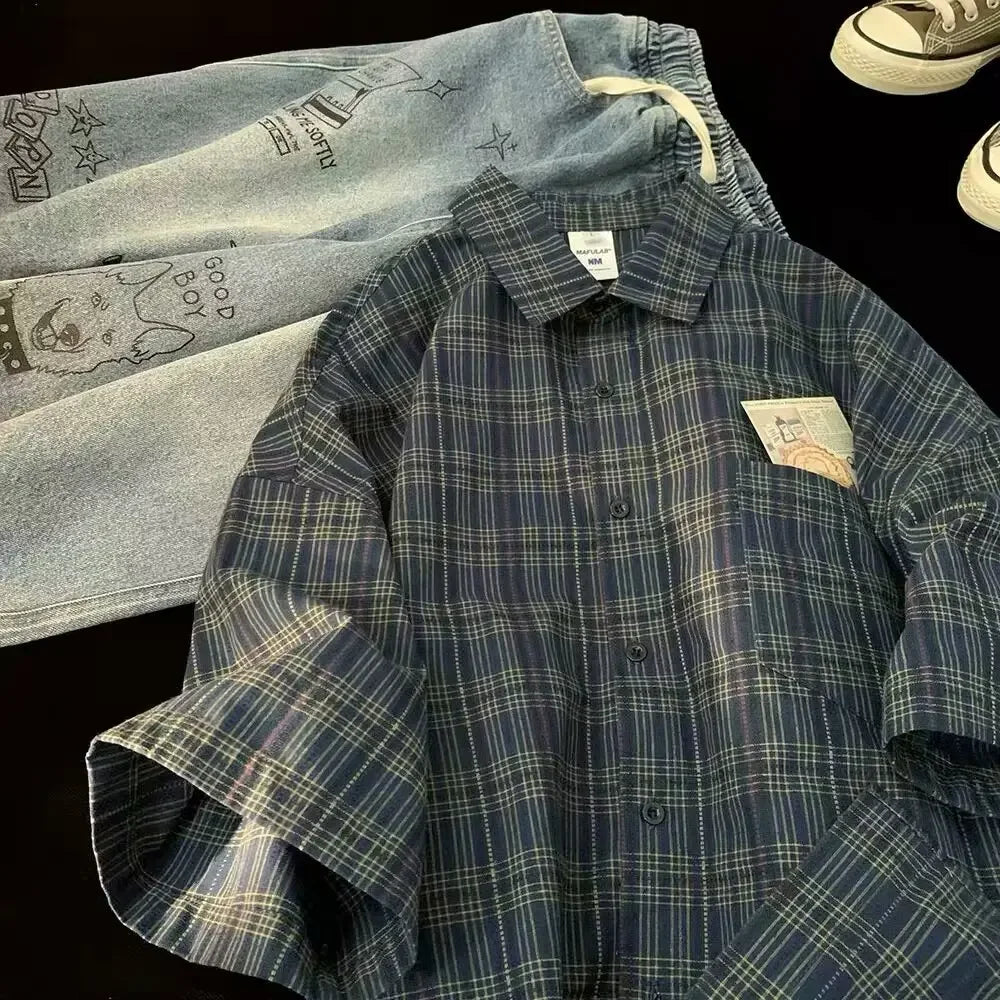 Japanese Vintage Plaid Short-Sleeve Shirt – Loose-Fit Comfort with High-End Streetwear Elegance for the Modern Gentleman