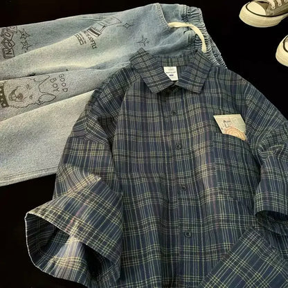 Japanese Vintage Plaid Short-Sleeve Shirt – Loose-Fit Comfort with High-End Streetwear Elegance for the Modern Gentleman