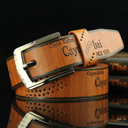 Men's Leather Belt Letter Print Luxury Classic Buckle Business Cowboy Vintage Waistband Alloy Belts - Ellianto fashion Men's