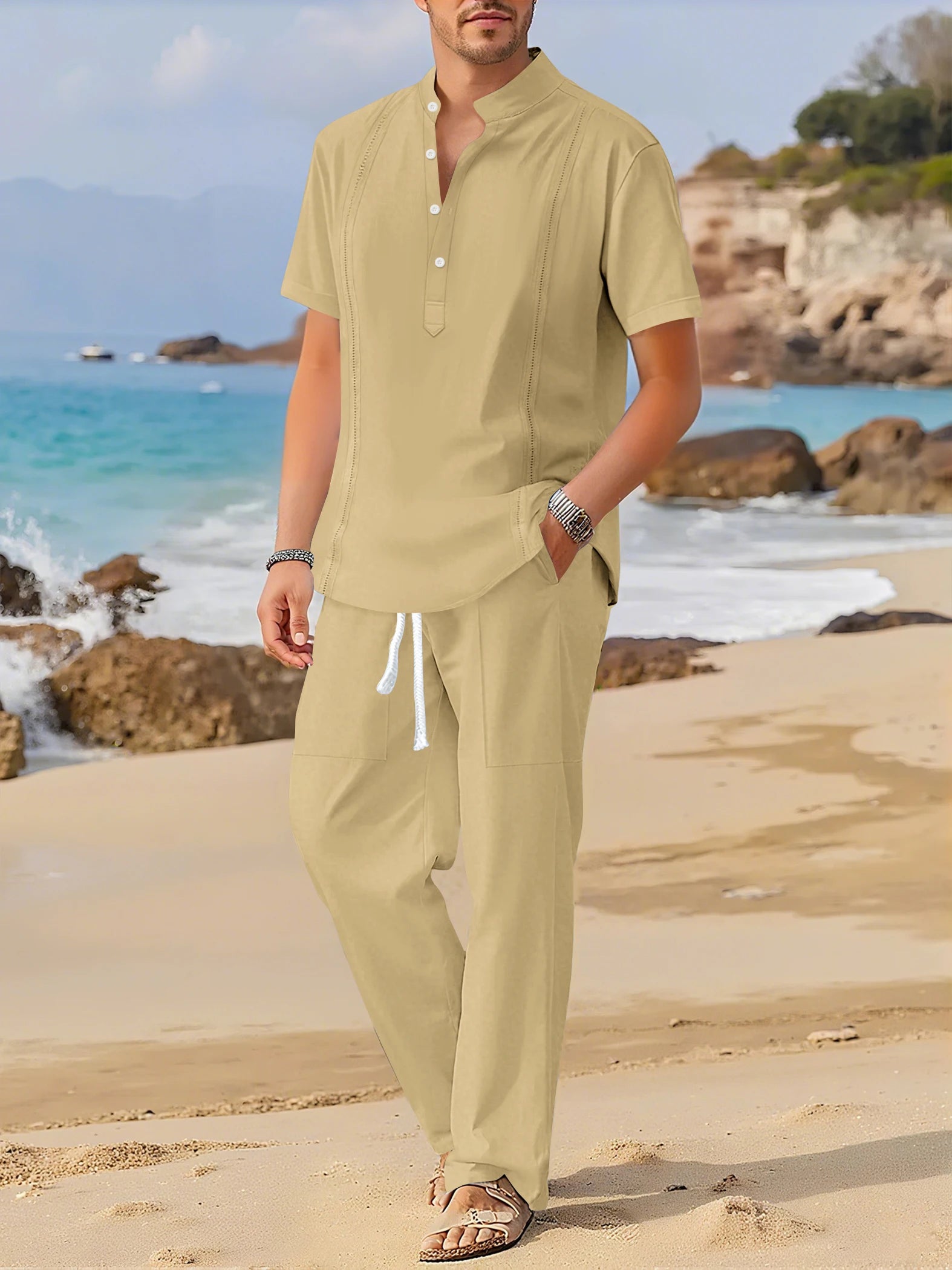 Men's Fashionable Cotton Linen Shirt Set with Cuban Pocket Long Sleeve Casual Two-Piece Suit Spring Autumn 100% Natural Fiber - Ellianto fashion Men's