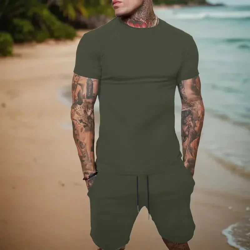 2025 summer new men's breathable sportswear short sleeved t-shirt and shorts set popular quick drying clothing - Ellianto fashion Men's
