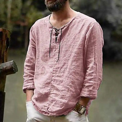 New Men's Cotton Linen shirt Male Solid Color V Neck bandage T-shirts Summer Men's Casual Long Sleeves Linen shirt Tops S-3XL - Ellianto fashion Men's