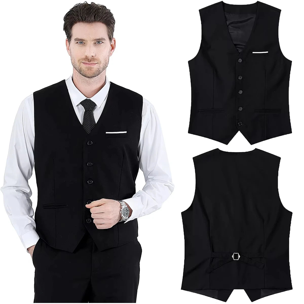 Mens Suit Vest Male Business Formal Wedding Office Birthday Party Outfit Set Easter Church Jacket Black Waistcoat - Ellianto fashion Men's