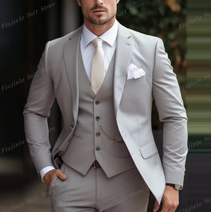 New Beige Business Suit Men Tuxedos Groom Groomsman Prom Wedding Party Formal 3 Piece Set Jacket Vest Pants - Ellianto fashion Men's