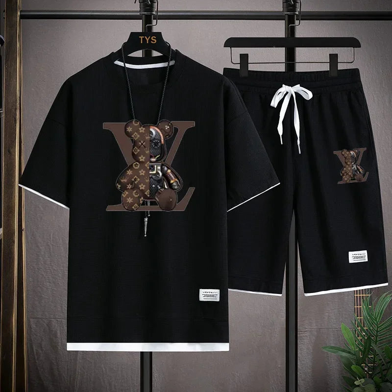 Set 2025 Summer Trend European and American men's sportswear Set: A brand-new outdoor jogging casual breathable short-sleeved T-shir - Ellianto fashion Men's