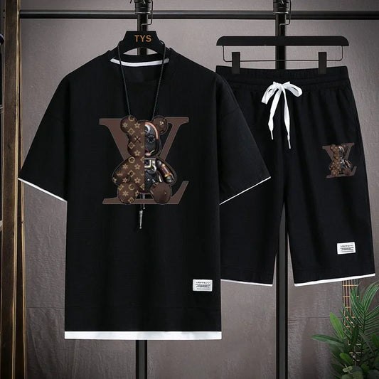 Set 2025 Summer Trend European and American men's sportswear Set: A brand-new outdoor jogging casual breathable short-sleeved T-shir - Ellianto fashion Men's