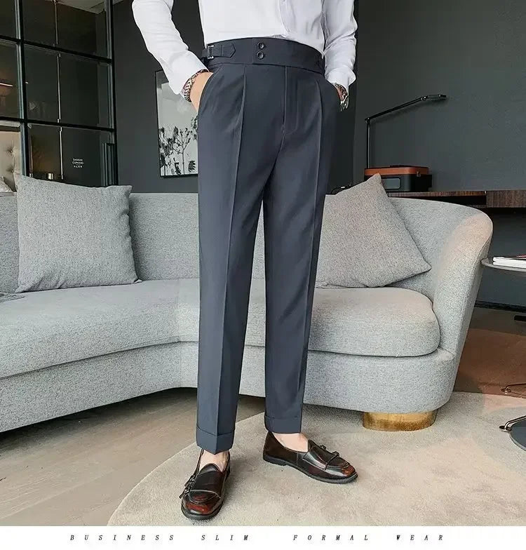 AutumnCasualTrousersMenStraight-LegNarrow-FitHigh-WaistedSlimsBritishStyleSuit Pants BusinessAttire - Ellianto fashion Men's