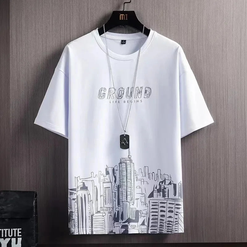 Men's Ice Silk Short Sleeve T-Shirt Suit Summer New Digital Printing Fashionable Korean Style Slims Smooths Your Silhouette Spor - Ellianto fashion Men's