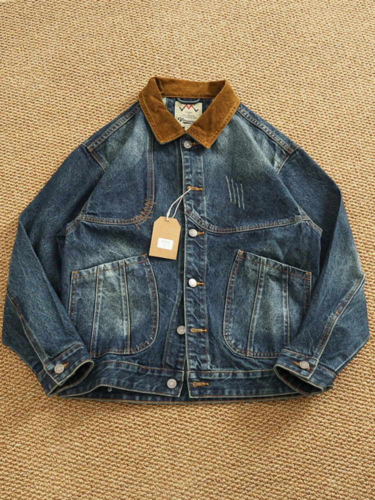 Spring New American Retro Heavyweight Neckline Contrast Color Corduroy Washed Old Cargo Denim Jacket Men's Lapel Casual Coat