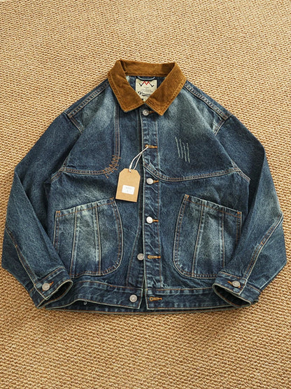 Spring New American Retro Heavyweight Neckline Contrast Color Corduroy Washed Old Cargo Denim Jacket Men's Lapel Casual Coat