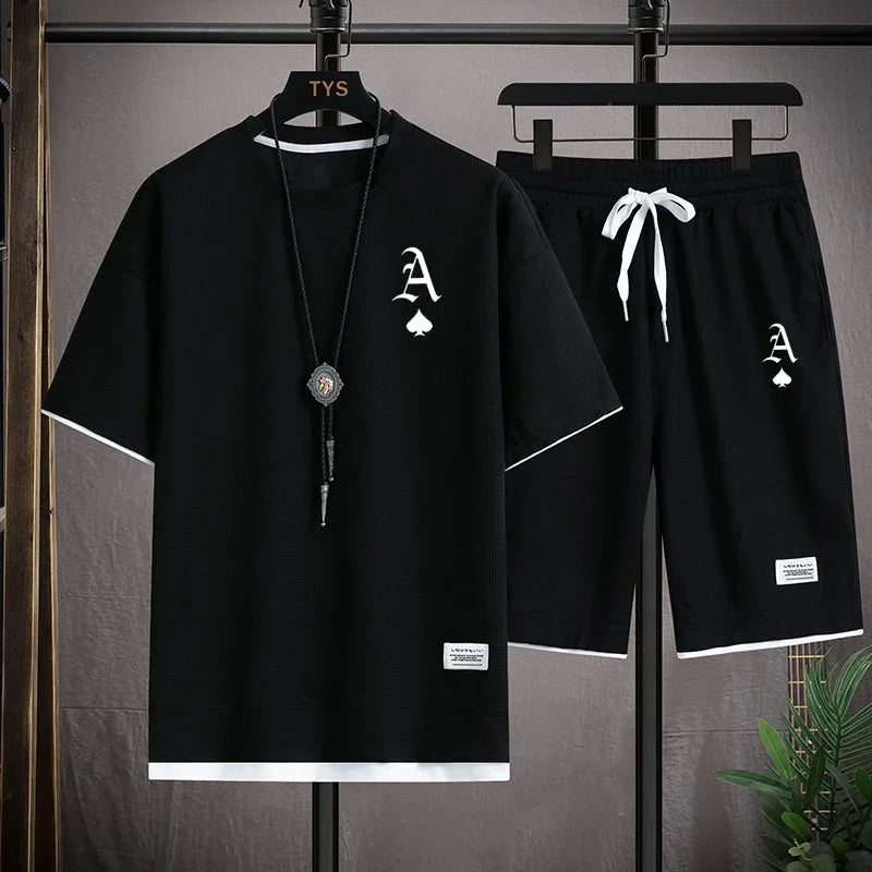 Set A stylish and casual men's sportswear set of short-sleeved T-shirt and summer sportswear shorts, a two-piece set for daily casua - Ellianto fashion Men's