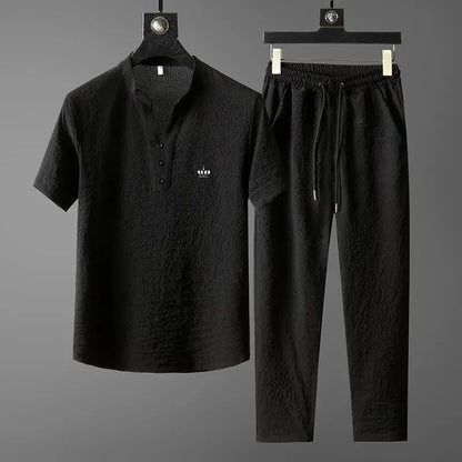New 2025 Men's Slim Fit Short Sleeve Sportswear Set Casual Embroidered V-Neck Chinese Style Lightweight Two-Piece Suit - Ellianto fashion Men's