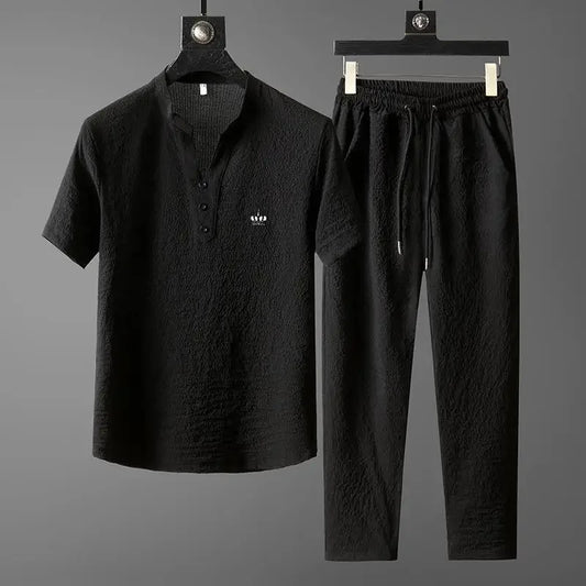 New 2025 Men's Slim Fit Short Sleeve Sportswear Set Casual Embroidered V-Neck Chinese Style Lightweight Two-Piece Suit - Ellianto fashion Men's