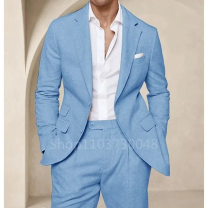 2 Piece High QualityBlue/Beige Linen Men Suit Smart Casual Single Breasted Slim Fit Notch Lapel Blazer with Pants Costume Homme - Ellianto fashion Men's