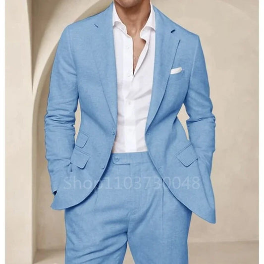 2 Piece High QualityBlue/Beige Linen Men Suit Smart Casual Single Breasted Slim Fit Notch Lapel Blazer with Pants Costume Homme - Ellianto fashion Men's