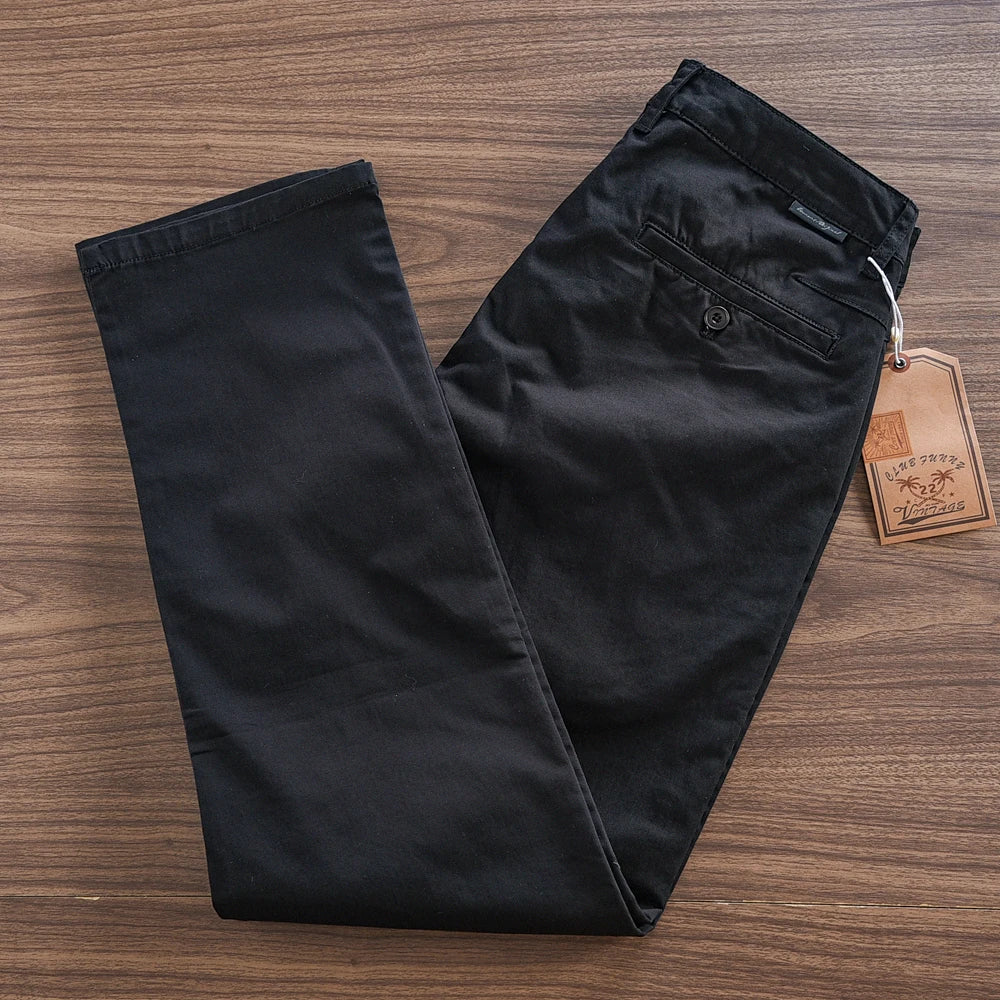 2025 Autumn New American Retro Woven Twill Cargo Pants Men's Simple 97.4% Cotton Washed Micro Elastic Straight Casual Trousers - Ellianto fashion Men's